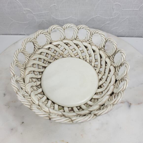 Vintage Capodimonte Pedestal Bowl 4.25" Pink Flower Woven Porcelain Basket - Picture 3 of 16